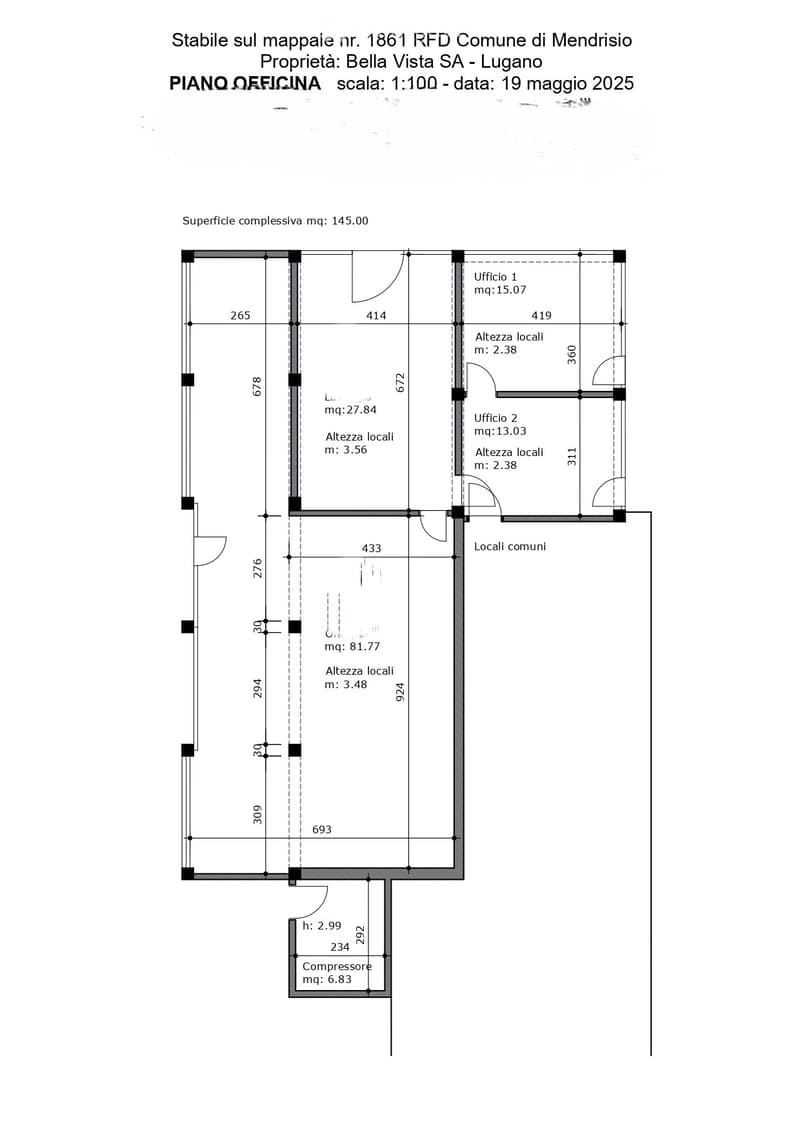 Office floor plan with two offices and common areas, total area 145.00 square meters
