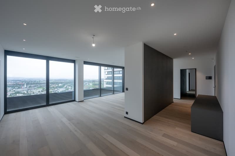 wooden floor, tall windows, modern lighting, large balcony, city view, empty room