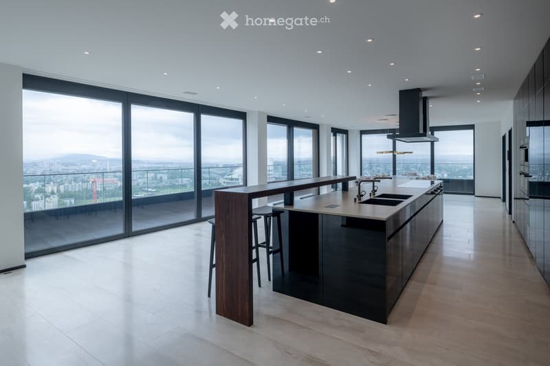 modern kitchen, large windows, island countertop, white flooring, built-in cabinets, city view