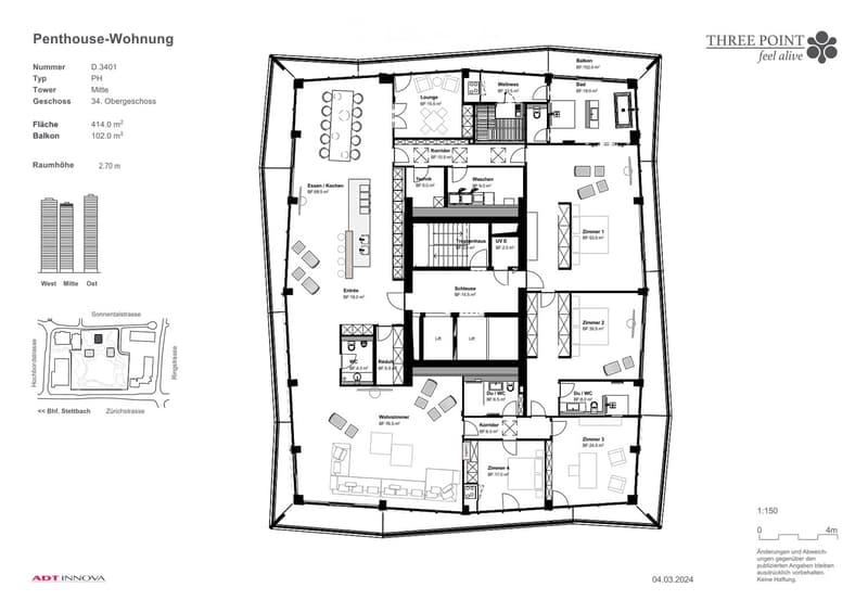 living room, kitchen, 3 bedrooms, 4 bathrooms, 3 balconies, Wellness area