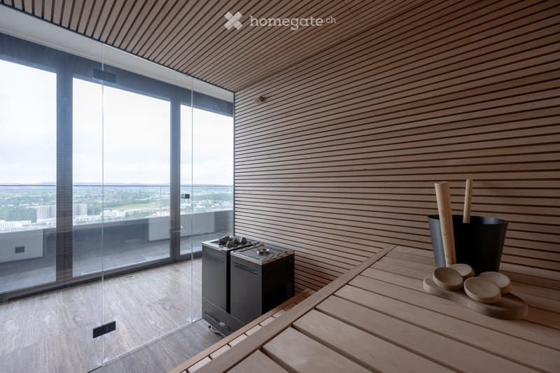 sauna, large glass windows, wooden benches, sauna room