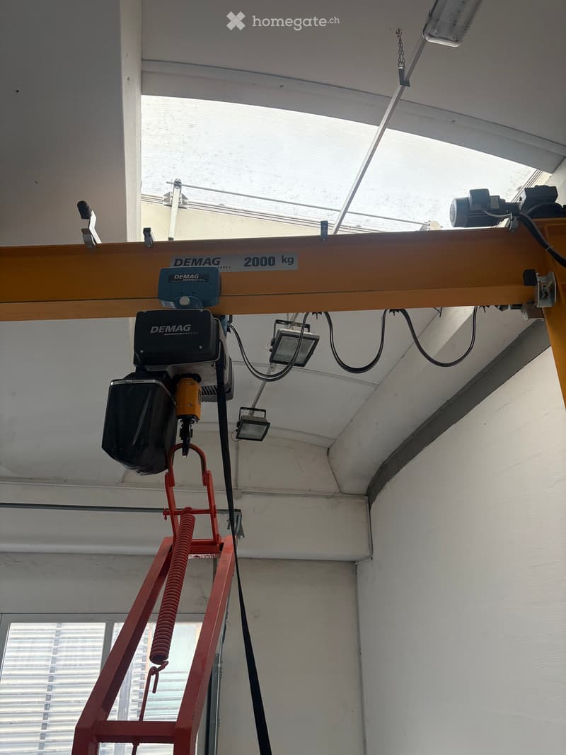 Industrial crane with a capacity of 2000 kg, hanging from the ceiling, with a red and black structure, and a black hook.