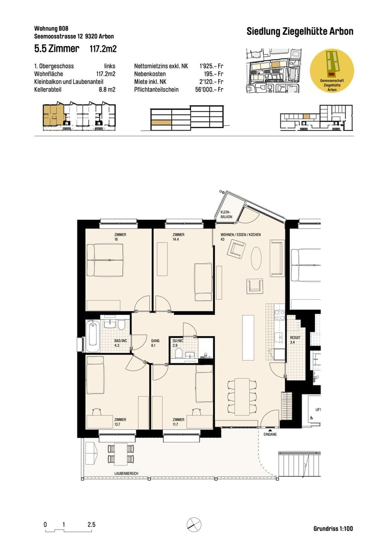 Floor Plan. Floor plan of a 5.5-room apartment with 117.2 m² living space, including a small balcony, living/dining/kitchen area, 4 bedrooms, 2 bathrooms, hallway, and entrance.