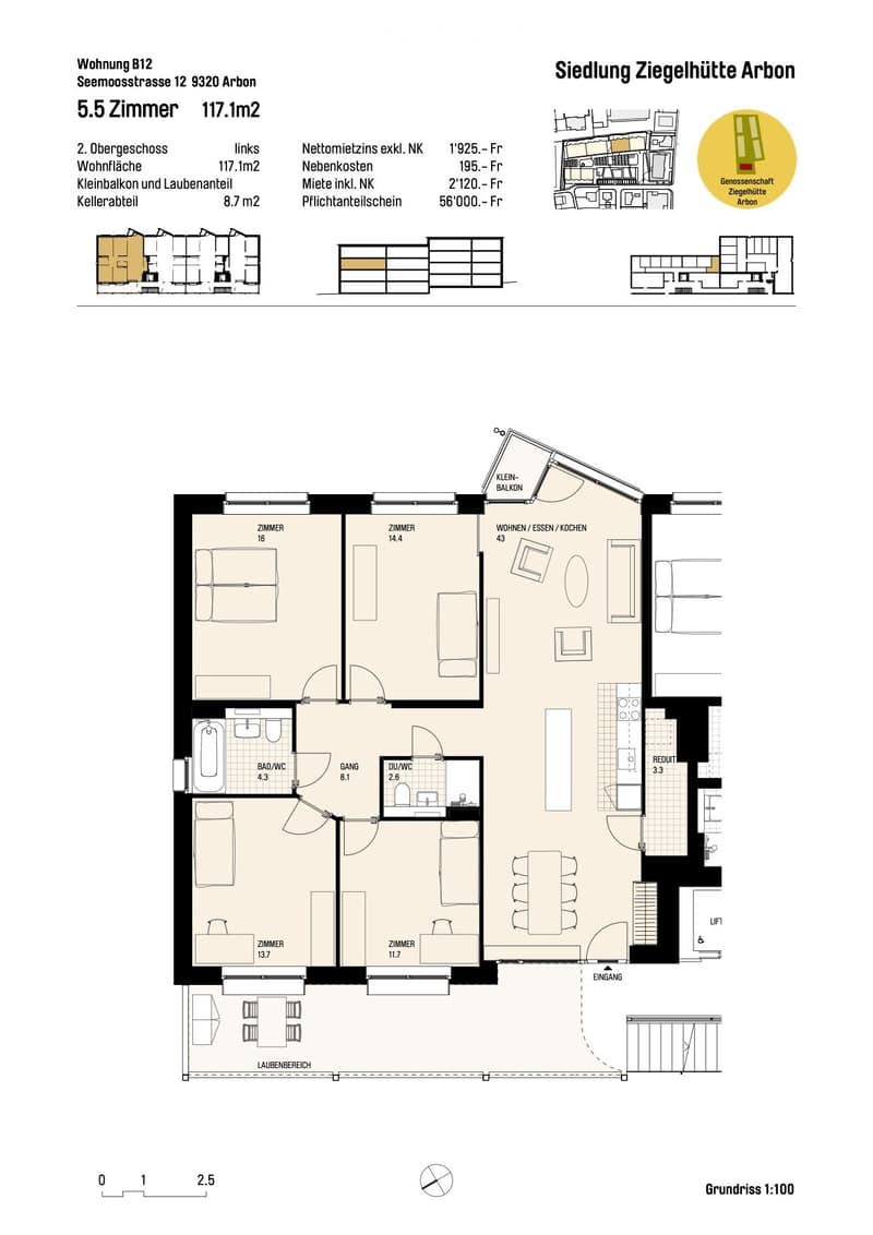 Floor Plan. Floor plan of a 5.5-room apartment with 117.1 m² living space, including a small balcony, living/dining/kitchen area, 4 bedrooms, 2 bathrooms, hallway, and storage area.