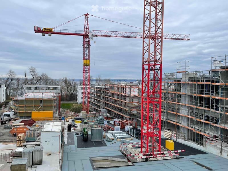 site has two cranes and scaffolding, surrounded by construction materials and equipment