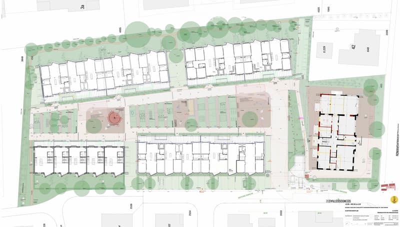 Various sections of a residential building plan are shown with details on the number of floors, green spaces, parking areas, and building layout.
