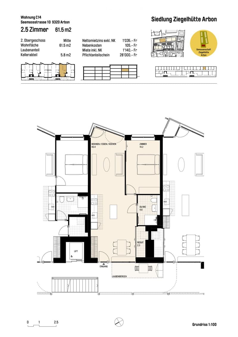 2.5 rooms, 61.5 m2, 2nd floor, living room, kitchen, 2 bedrooms, bathroom, WC, storage room