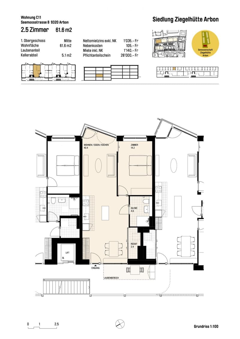 Floor plan of a 2.5 room apartment with living room, kitchen, bedroom, bathroom, and storage room.