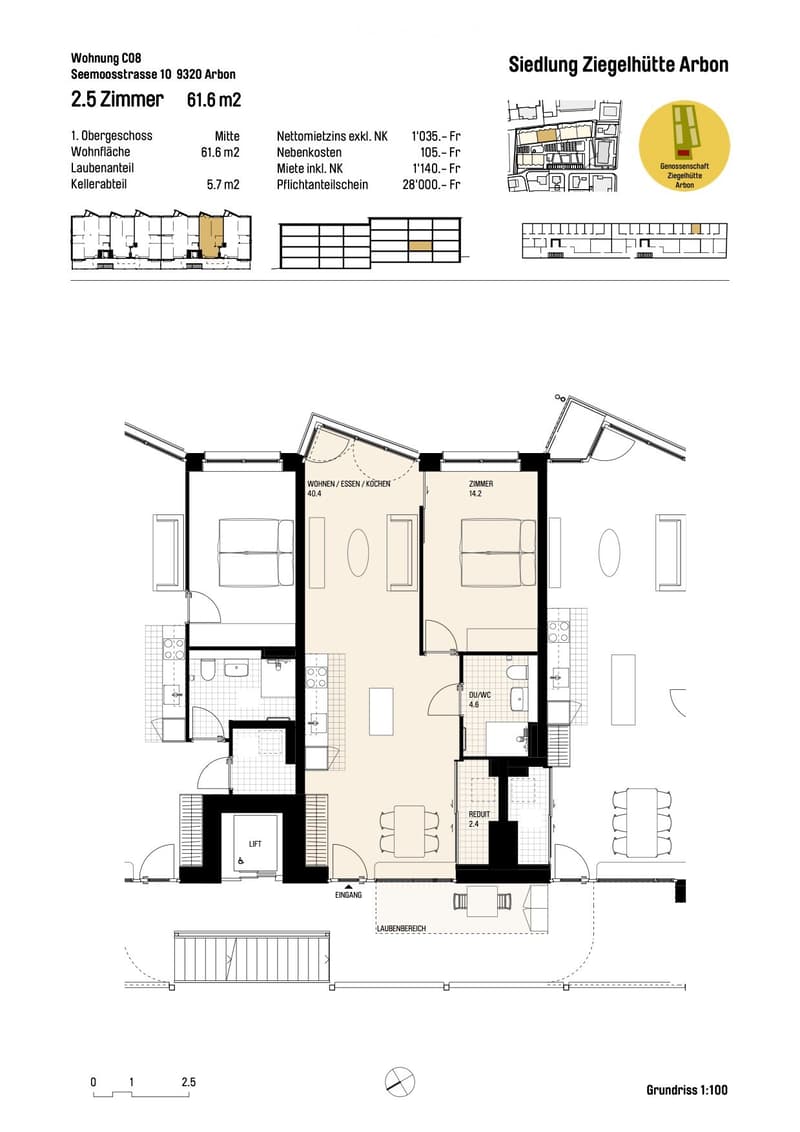 Floor plan of a 2.5 room apartment with living room, kitchen, 2 bedrooms, 2 bathrooms, balcony, and laundry area.