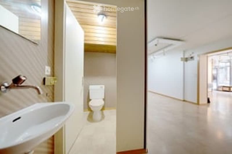 Bathroom with toilet, sink, mirror, wooden wall, white walls, wooden floor