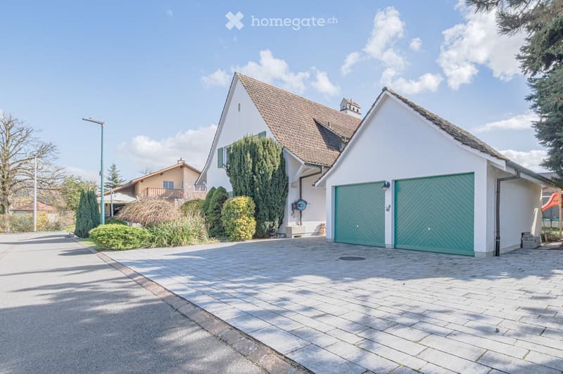 Detached house, white exterior, brown roof, double garage, paved driveway, garden, street light