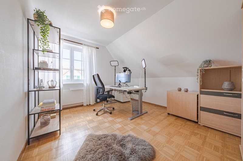 wooden floor, white walls, desk with computer, office chair, shelves, rug, cabinet, ceiling lamp