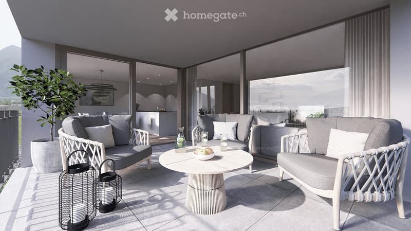 balcony, gray sofa, round table, two lanterns, plant, large windows