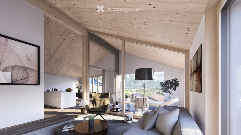 modern living room with wooden ceiling, large windows, couch, coffee table, armchair, floor lamp, kitchen, balcony