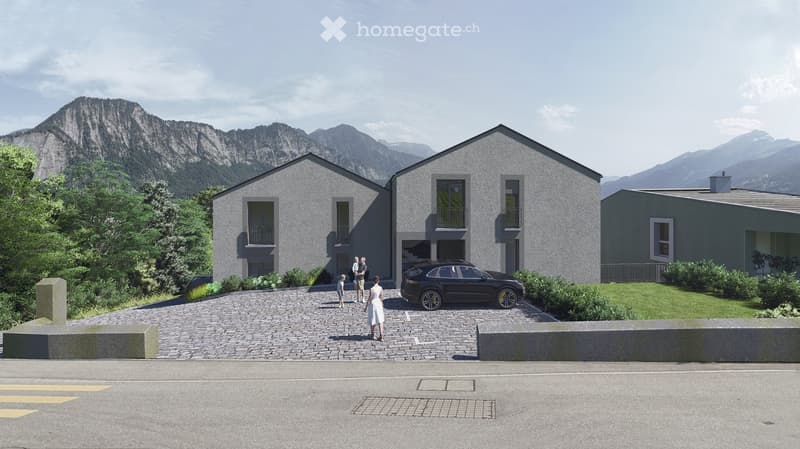 2 story house, gray exterior, driveway, garage, mountain view