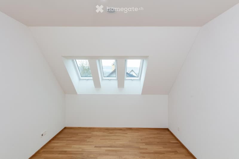 empty room, wooden floor, white walls, three skylights