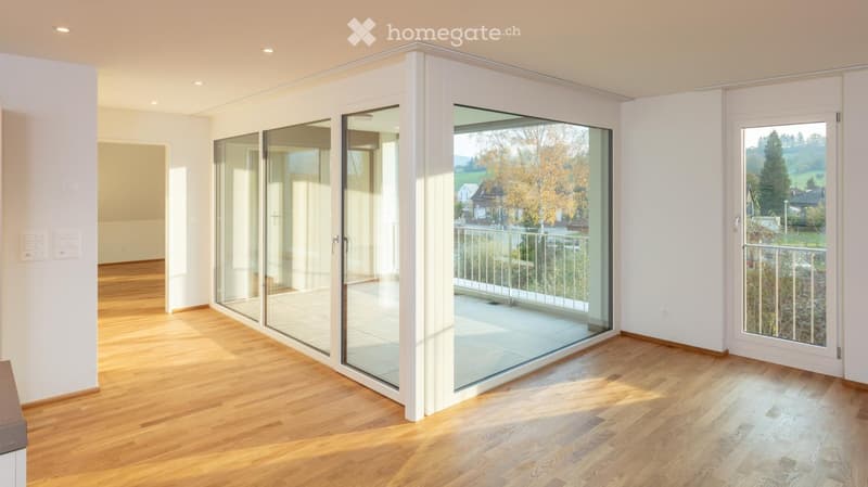 large windows, balcony, wooden floor, white walls