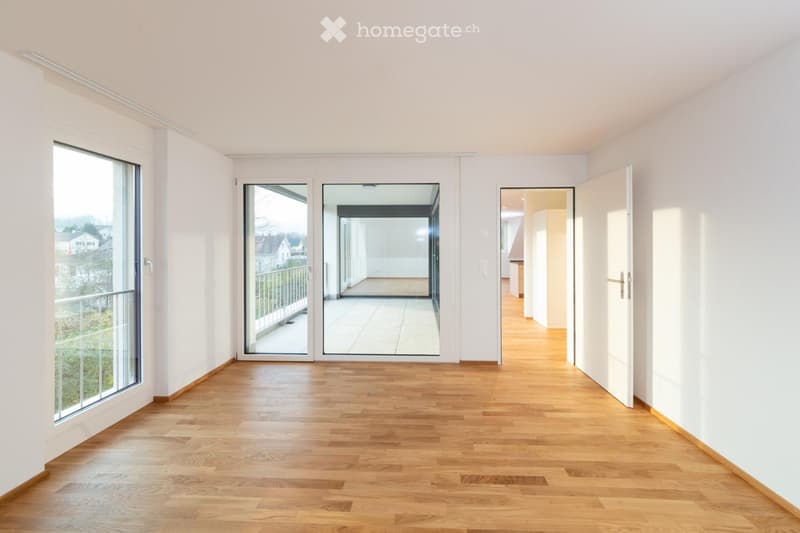 empty room, wooden floor, white walls, sliding glass doors, balcony, large windows