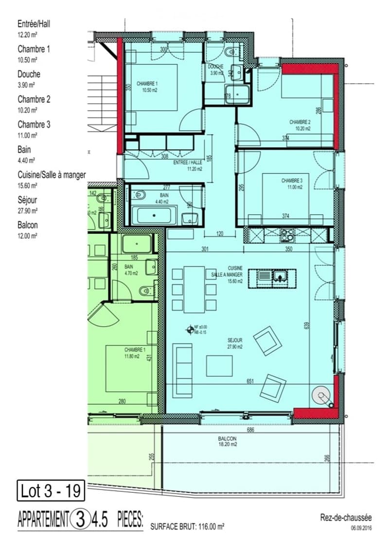 Entrance hall, 3 bedrooms, bathroom, shower, living room, dining room, kitchen, balcony
