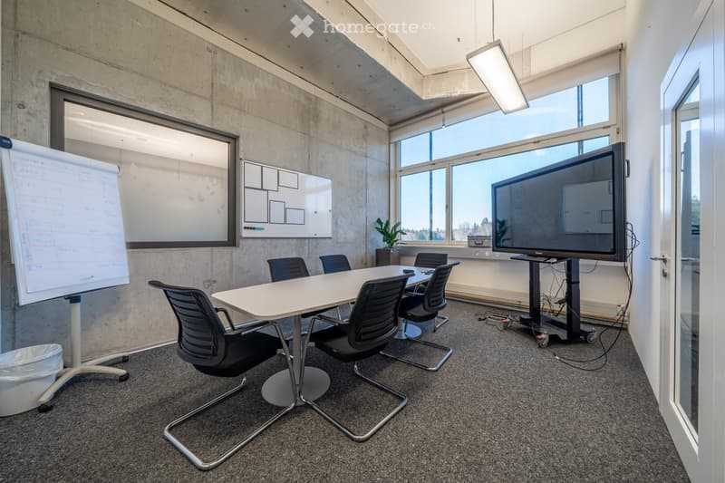 conference room with a long table, chairs, whiteboard, whiteboard stand, whiteboard eraser, whiteboard markers, TV, potted plant, trash can