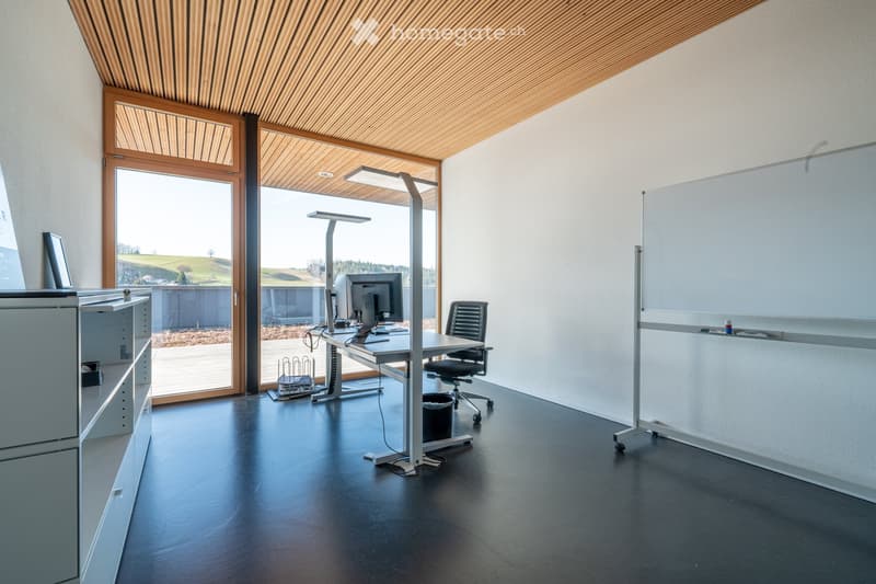 empty room, desk, computer, chair, whiteboard, wooden ceiling, large window