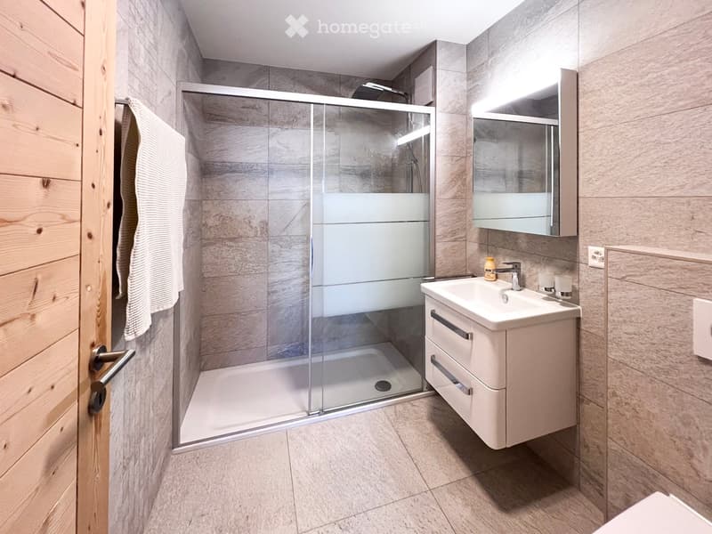 modern bathroom with walk-in shower, white sink, wooden wall, mirror, towel rack