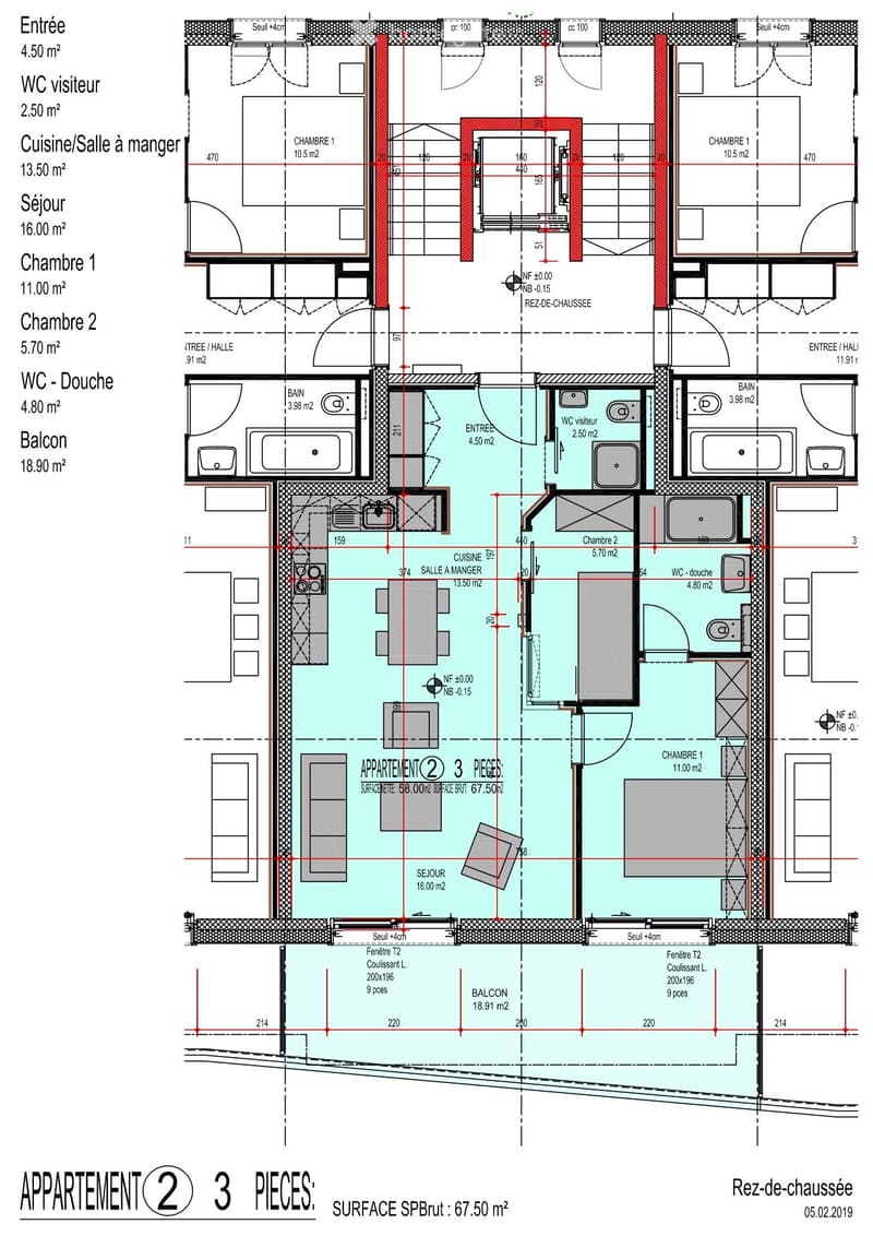 Entrance, visitor WC, kitchen/dining room, living room, bedroom 1, bedroom 2, shower WC, bathroom, balcony