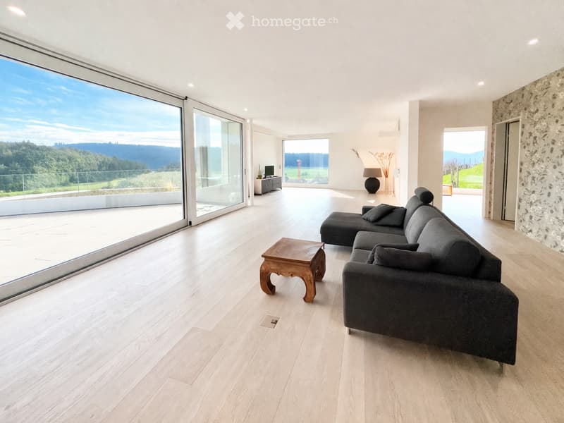 large windows, hardwood floor, modern couch, wooden coffee table, TV stand, lamp
