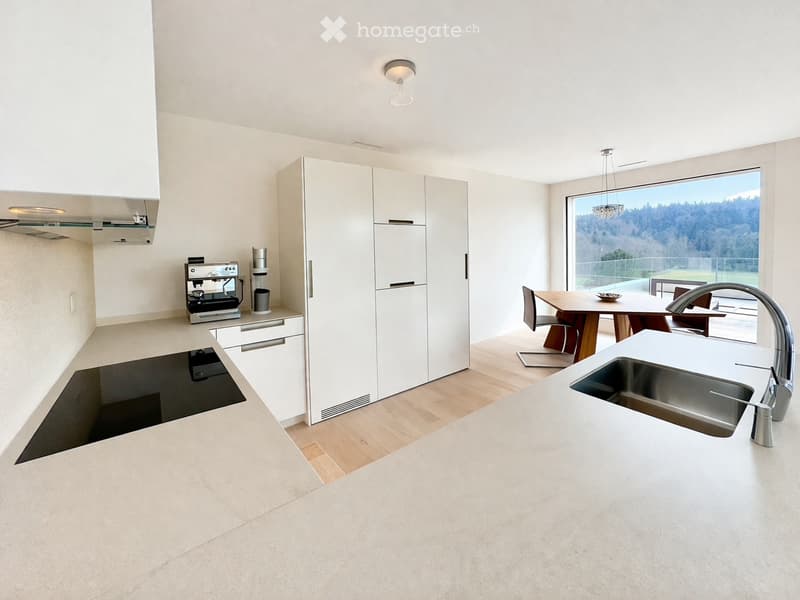 modern kitchen with white cabinets, wooden floor, large windows, dining area with table and chairs, view of the mountains