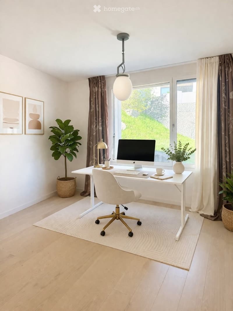 A white desk with a computer monitor, keyboard, and mouse. A white swivel chair is in front of the desk. A white rug is on the floor. A potted plant is on the left side of the desk. A lamp is on the desk. A window with curtains is behind the desk. A pictu