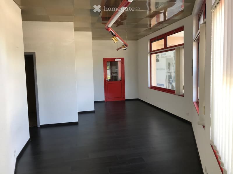 Empty room, white walls, black floor, red door, windows with red frames, ceiling with hanging pipe