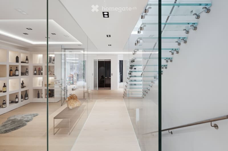 modern house, glass walls, wooden floor, wine rack, glass staircase