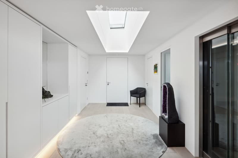 modern hallway with white walls, wooden floor, white ceiling with skylight, white built-in wardrobes, round rug, black chair, glass door, black sculpture