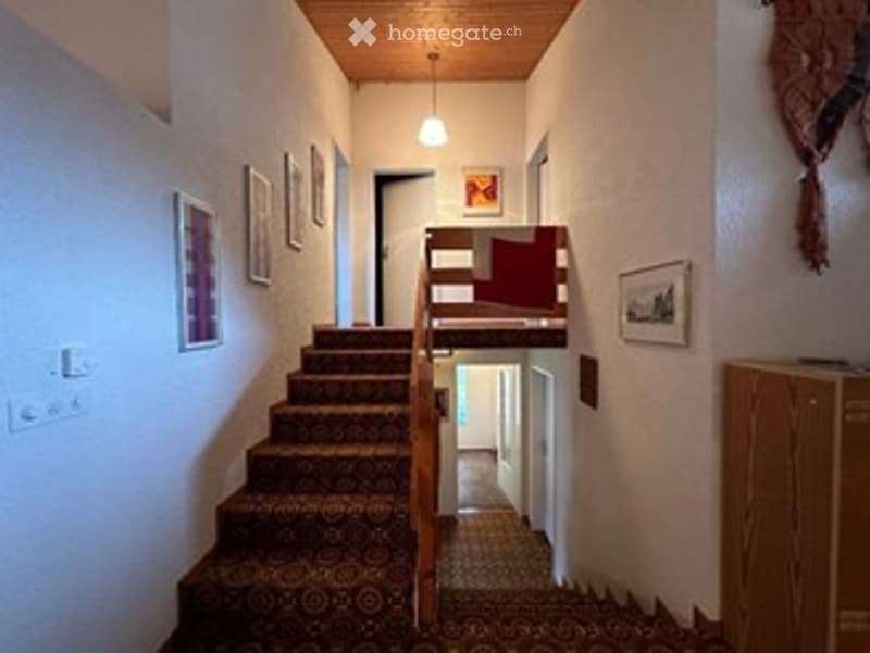 House with carpeted stairs, wooden handrail, white walls, picture frames, wooden cabinet, ceiling lamp