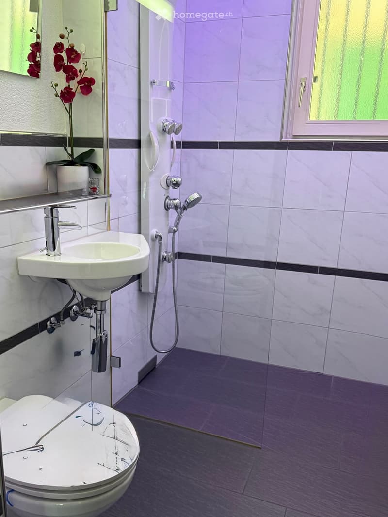 Modern bathroom with a white shower cubicle, glass door, a white sink, a modern faucet, a white toilet, and purple-painted floor.
