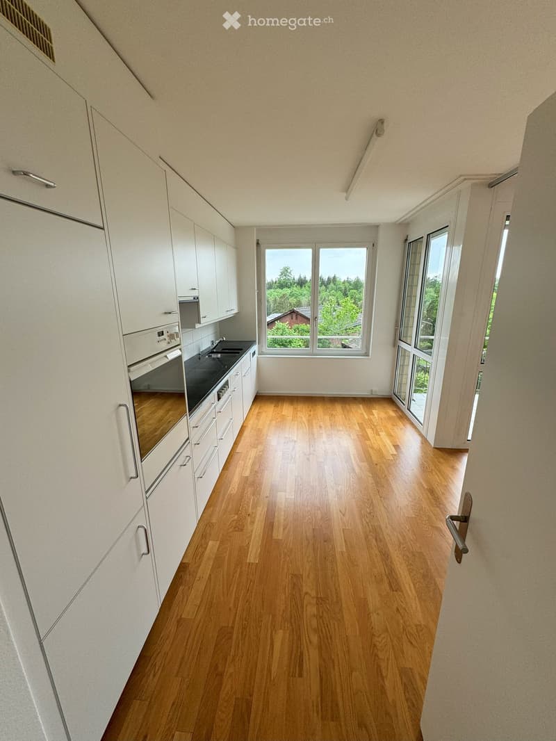 modern kitchen with wooden floor, white cabinets, black countertops, large windows, oven, sink, faucet