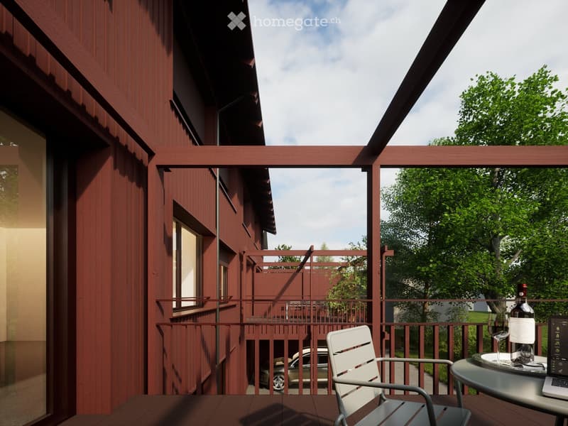 Red wooden exterior, balcony with wooden railing, car parked in garage