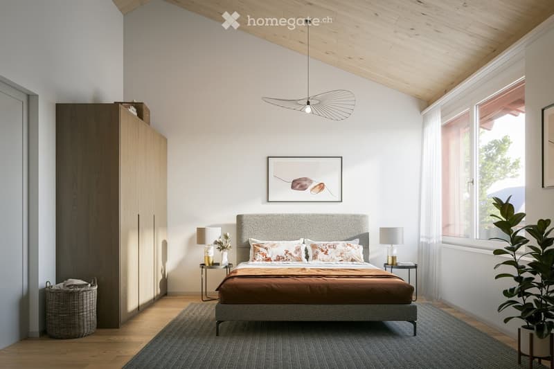 modern bedroom with wooden floor, white walls, large bed, bedside tables, lamps, large window, wooden ceiling, wardrobe, plant