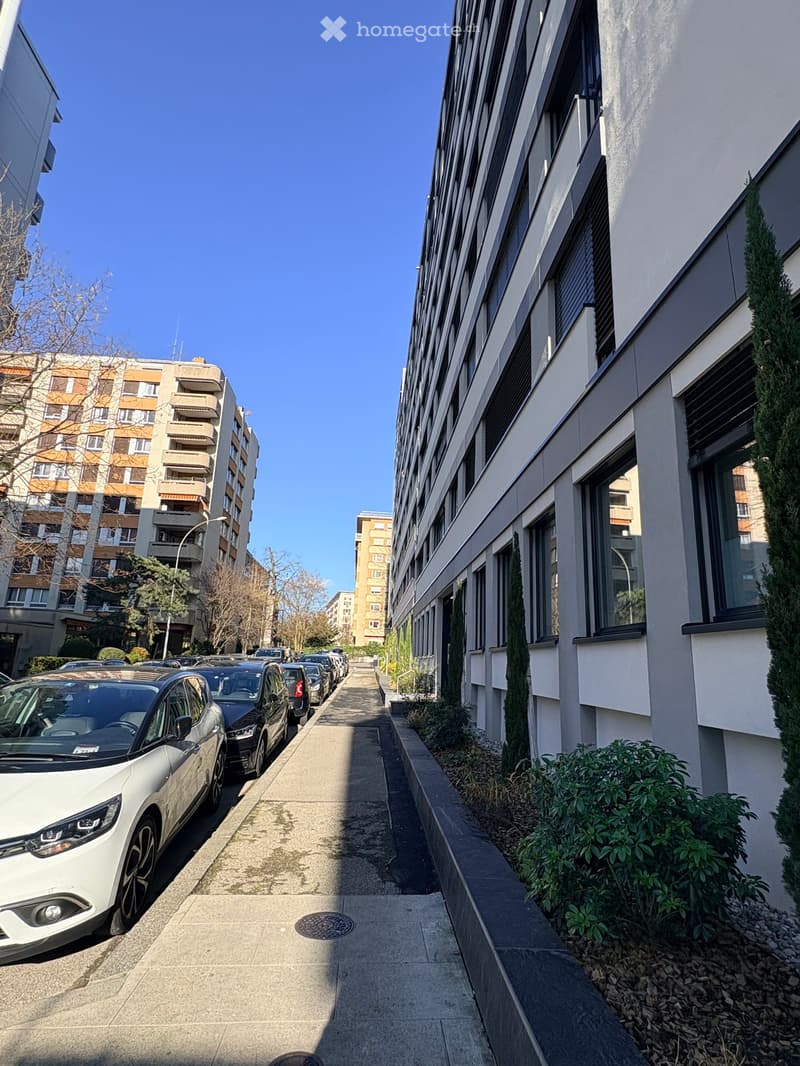 A street with parked cars, a sidewalk, and a building with many windows and balconies.