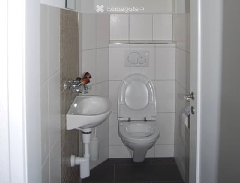 small bathroom with toilet, sink, and shower
