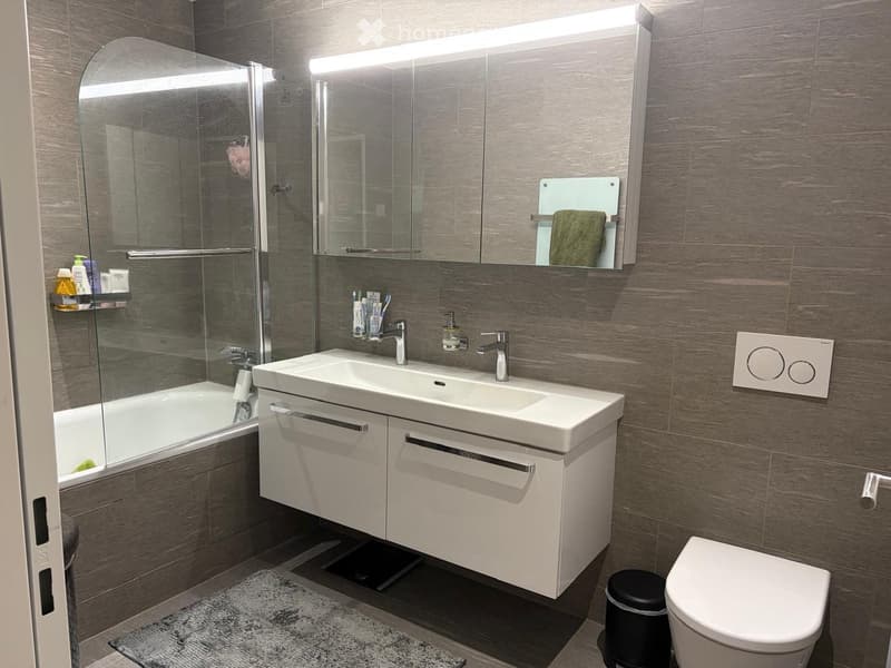 modern bathroom with white vanity, double sink, shower enclosure, bathtub, and a toilet