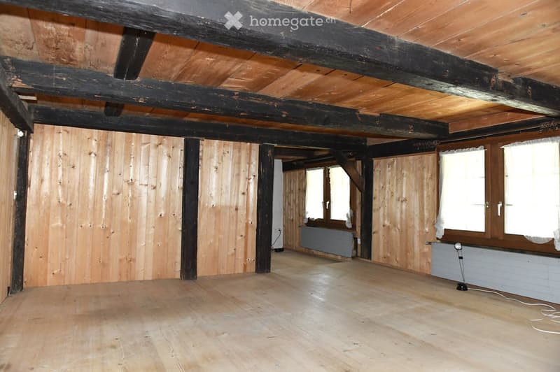 empty room, wooden walls, wooden floor, wooden beams, windows with white curtains