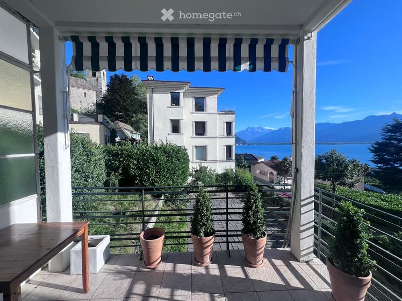 Balcony with table, 4 potted plants, black railing, view of lake and mountains