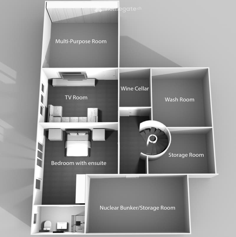 Multi-Purpose Room, TV Room, Wine Cellar, Wash Room, Bedroom with ensuite, Storage Room, Nuclear Bunker/Storage Room