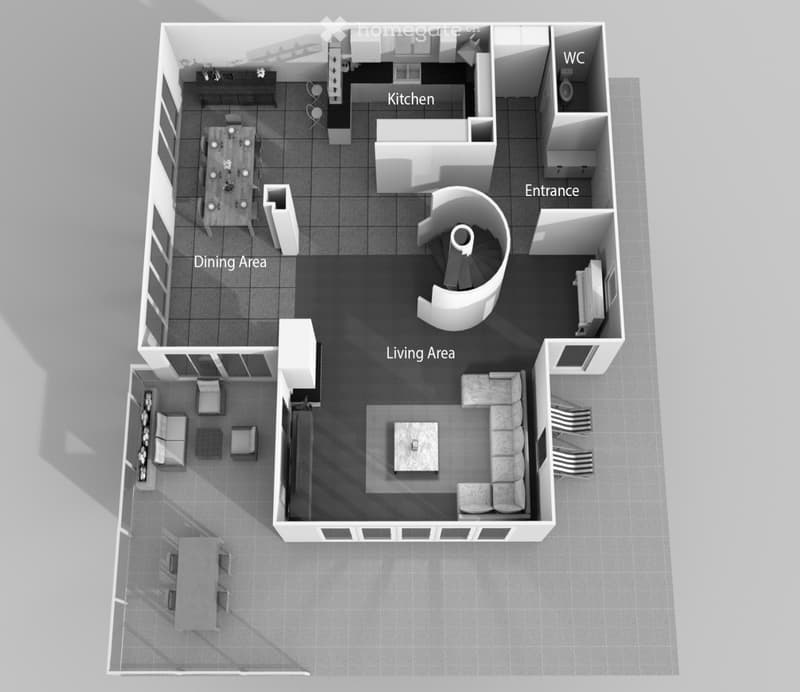Floor plan with kitchen, dining area, living area, entrance, and WC