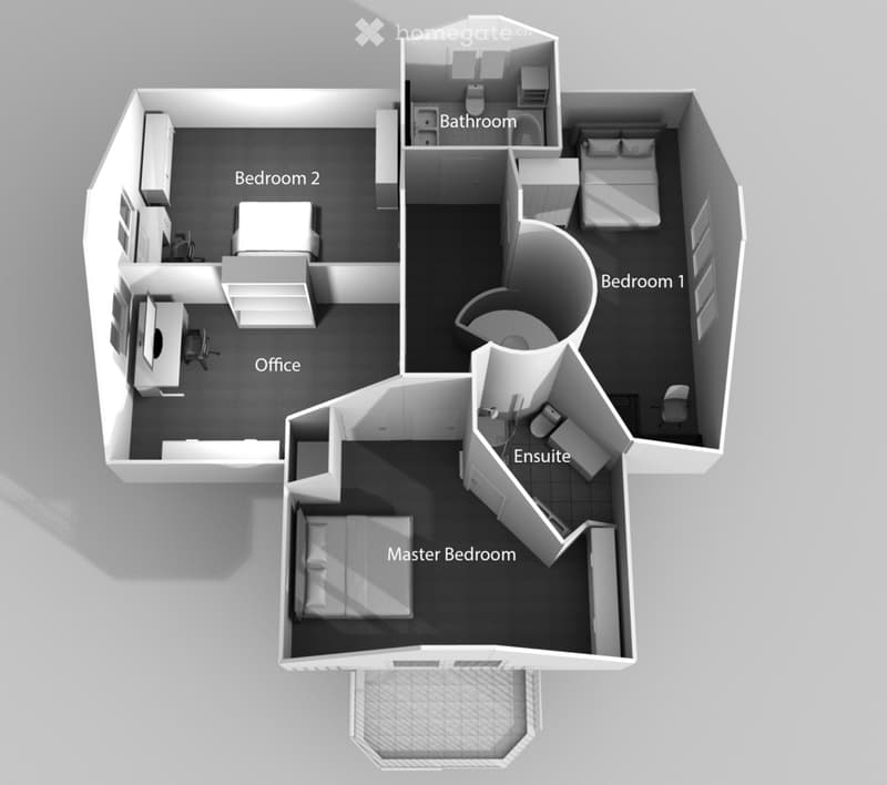 Master bedroom, ensuite bathroom, bedroom 1, bedroom 2, office, bathroom