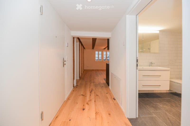 Long hallway, wooden floors, white walls, a sink, and a mirror