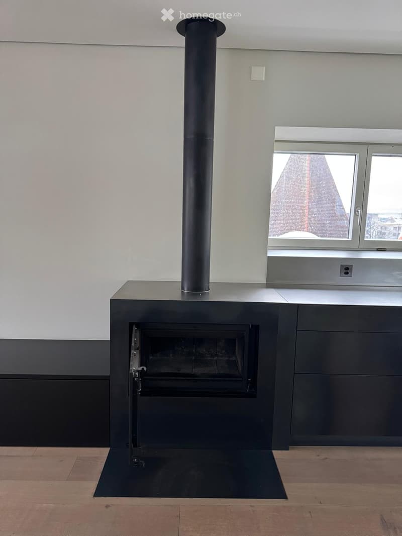 modern fireplace, black, wooden floor, white wall, window