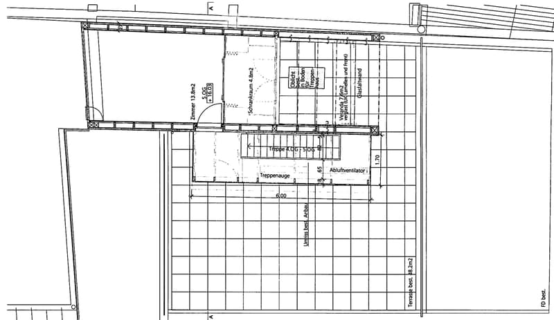 Floor plan indicating dimensions and placements of rooms, ventilation, and stairs