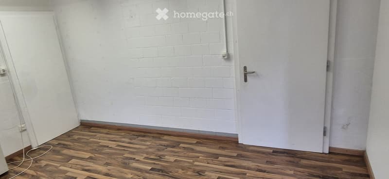 empty room, wooden floor, white brick wall, two doors